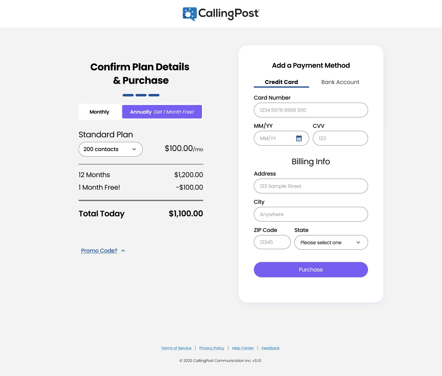 Checkout on desktop: Confirm Plan Details and Purchase, with a monthly or annual toggle offering one month free annually, the Standard plan for 200 contacts at $100 a month, a 12-month total with one month free for $1,100 today, a promo code link, and a payment form for credit card or bank account with a Purchase button.