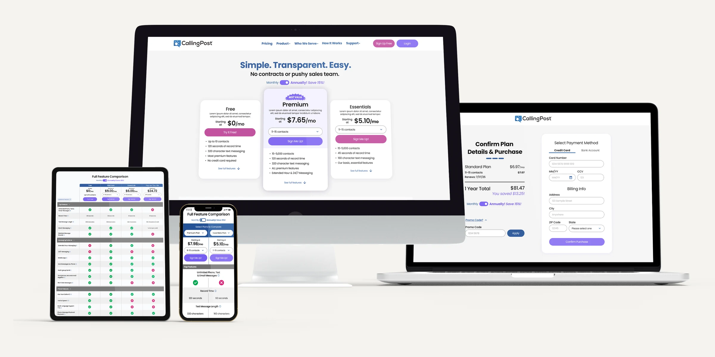 CallingPost pages shown on a desktop monitor, laptop, tablet, and phone: the pricing page headed Simple. Transparent. Easy. with Free, Premium, and Essentials plans and a monthly or annual toggle; a checkout page to confirm plan details and pay; and a full feature comparison table on tablet and phone.