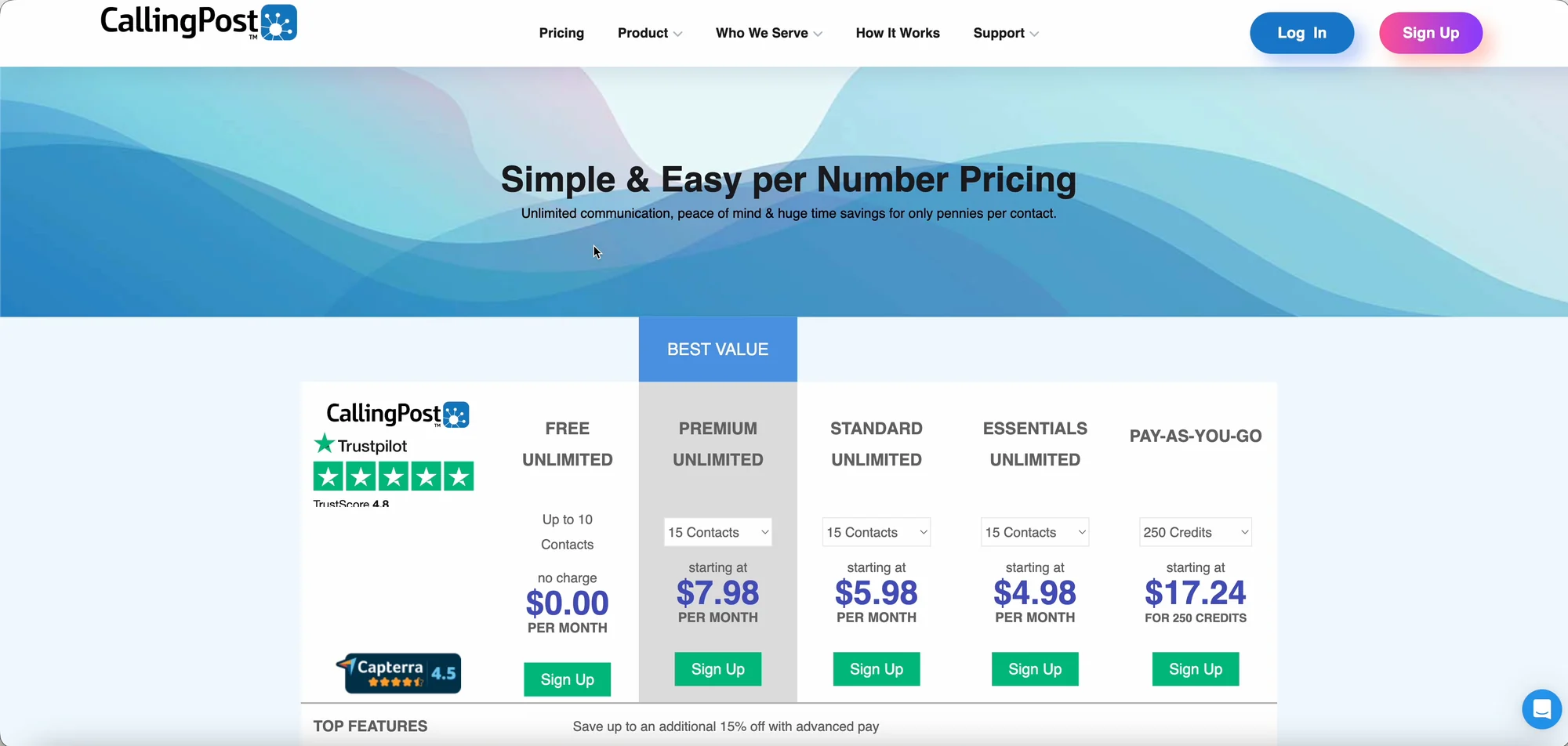 CallingPost’s previous pricing page, headed Simple and Easy per Number Pricing: a table of five plans, Free, Premium, Standard, Essentials, and Pay-as-you-go, each with a contacts or credits dropdown, a starting price, and a green Sign Up button, with Trustpilot and Capterra ratings and a note to save up to an additional 15% with advanced pay.