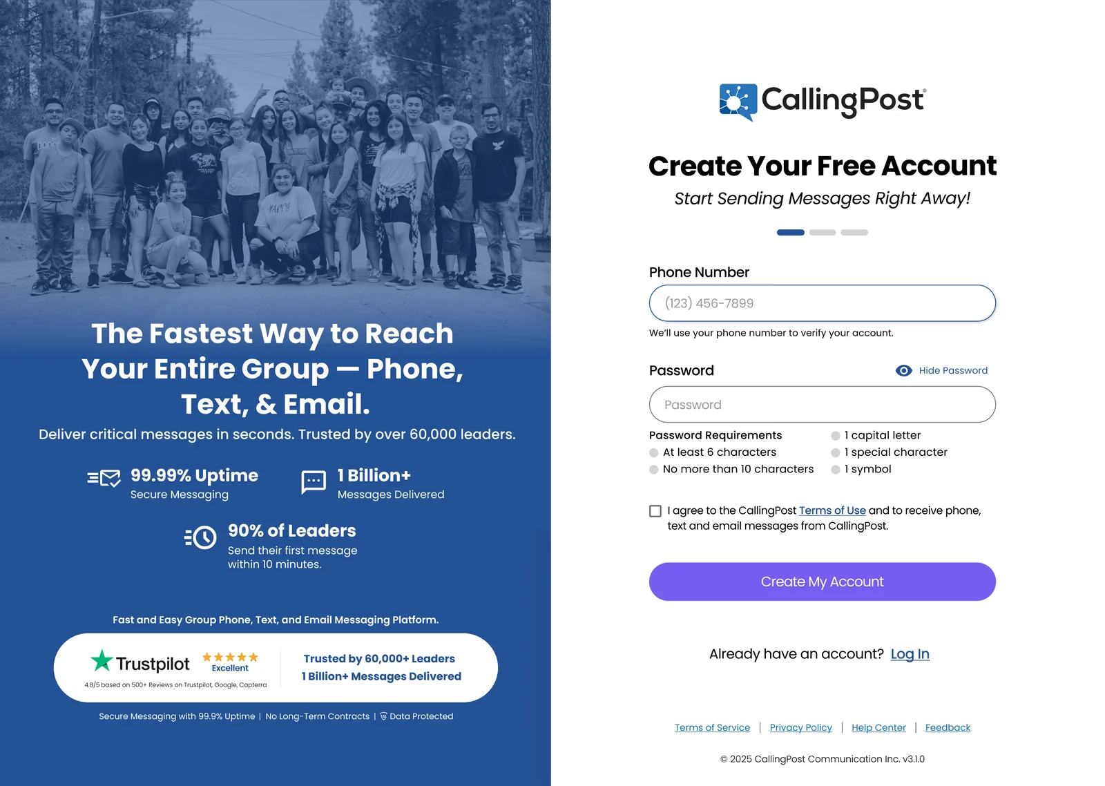 Final sign-up screen on desktop: a blue-tinted photo of a large group posing together outdoors, the headline The Fastest Way to Reach Your Entire Group, Phone, Text, and Email, stats for 99.99% uptime, 1 billion+ messages delivered, and 90% of leaders sending their first message within 10 minutes, and Trustpilot and trust badges, beside the Create Your Free Account form.