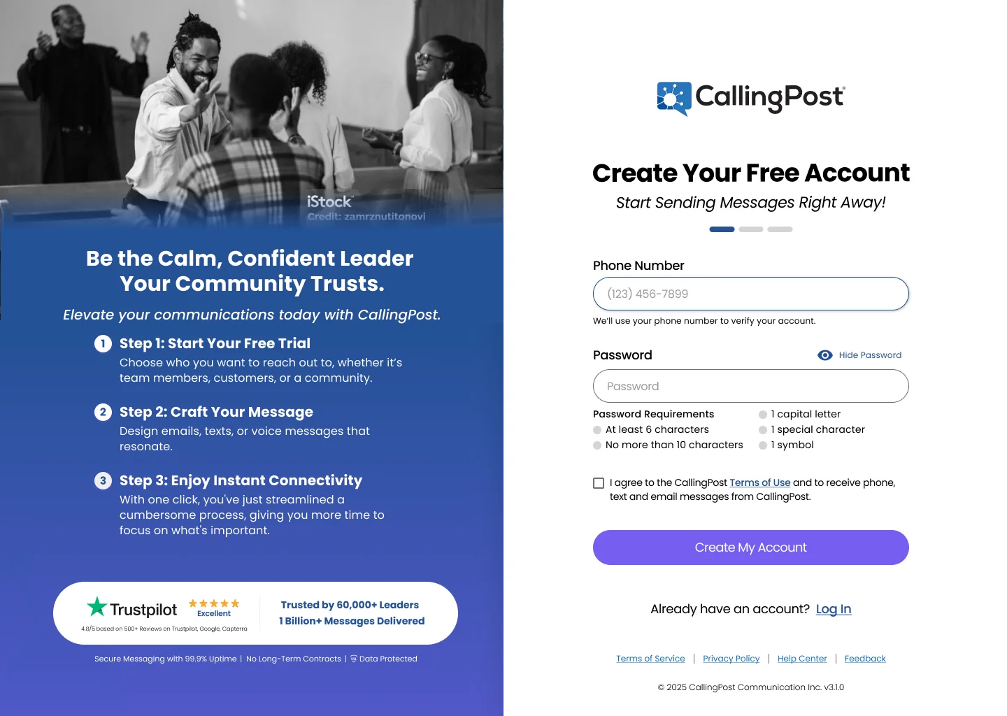 Sign-up option 1: a black-and-white photo of a community leader with the headline Be the Calm, Confident Leader Your Community Trusts, three steps to get started, and Trustpilot and trust badges on a blue panel, beside the Create Your Free Account form.