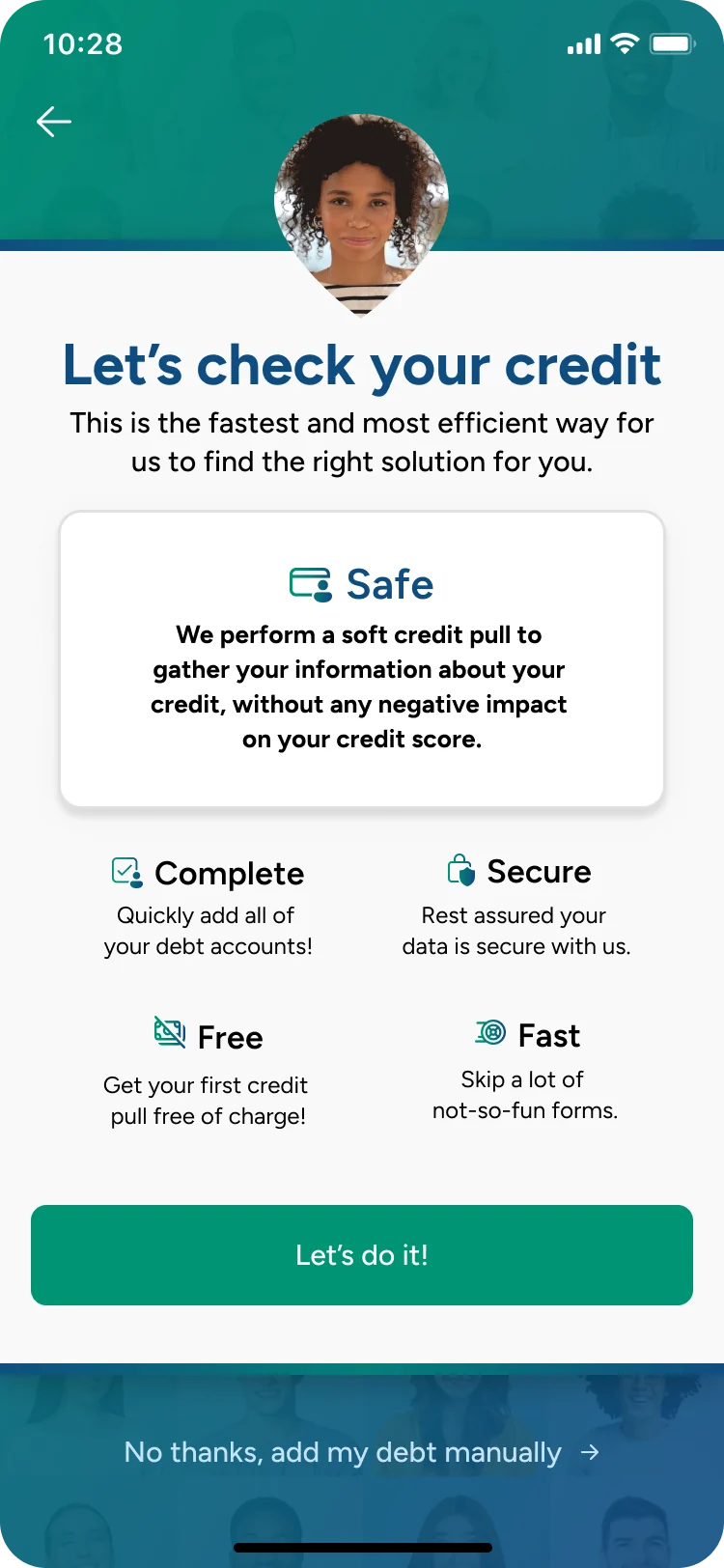 Let’s check your credit: a soft credit pull with no impact on your score, described as complete, secure, free, and fast, with a Let’s do it! button and an option to add debt manually.