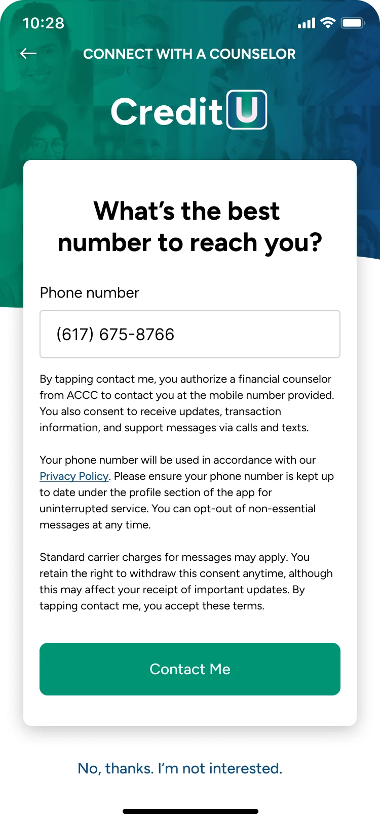 What’s the best number to reach you? A phone number field with consent text and a Contact Me button.